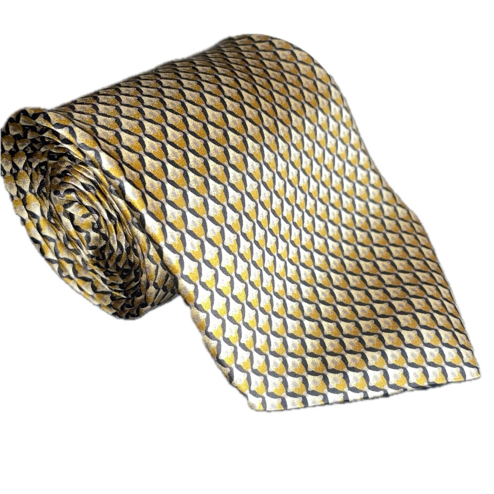 Roundtree & Yorke Men’s Necktie 100% Silk Gold Blue Geometric Diamond EUC